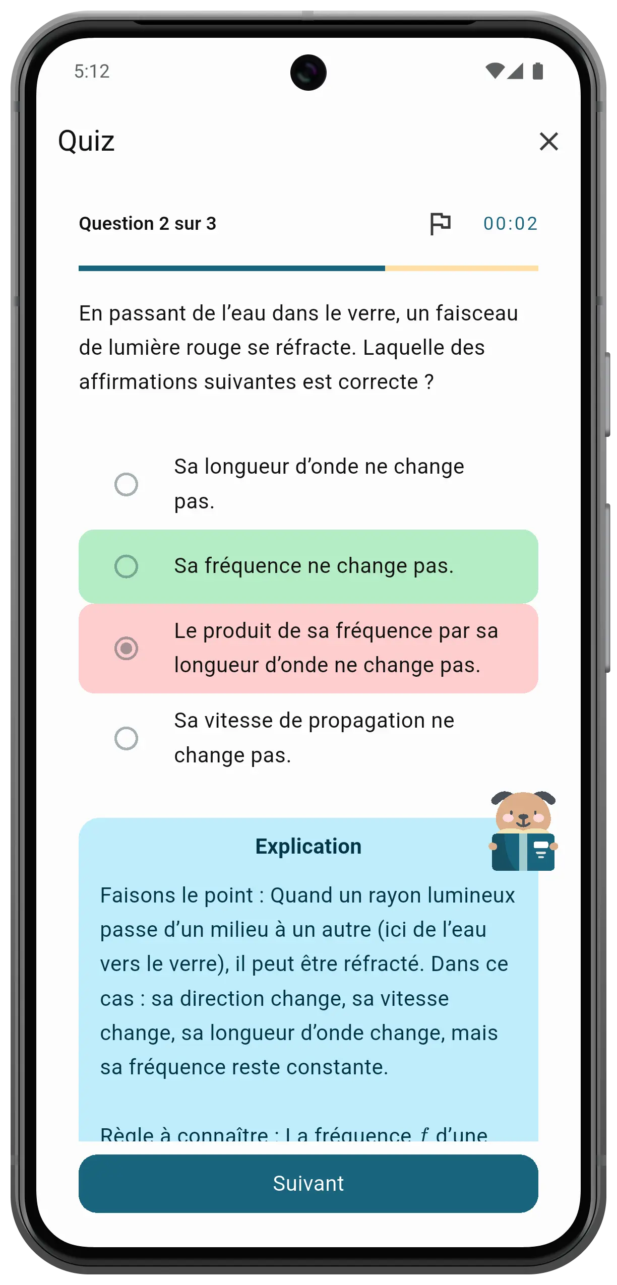 Capture d'écran de l'application Prép Médecine montrant un QCM